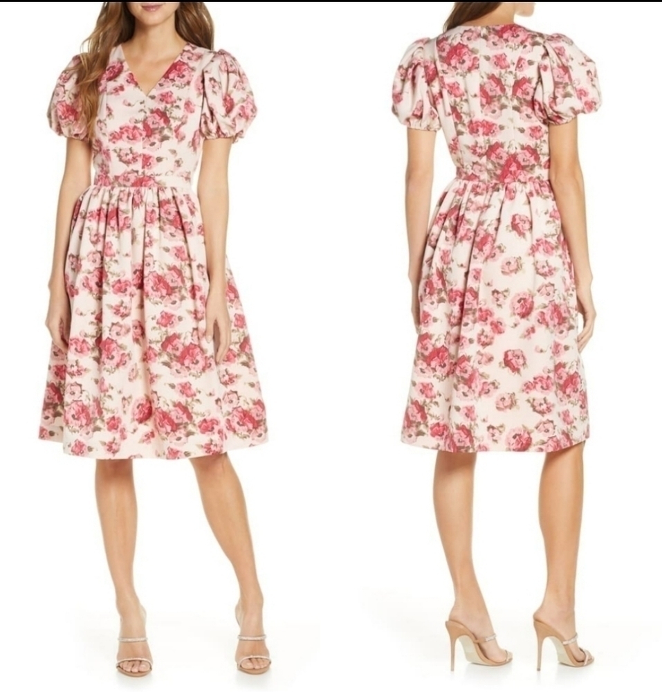RACHEL Parcell Pink Brocade Floral Puff Sleeve Dress - Picture 3 of 17